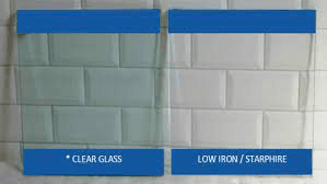 Starphire glass utilizes a low-iron formula that provides an optically clearer product than standard clear glass. Clear glass tends to have a green tint that, when viewed through, creates a different hue on surrounding surfaces. See picture below